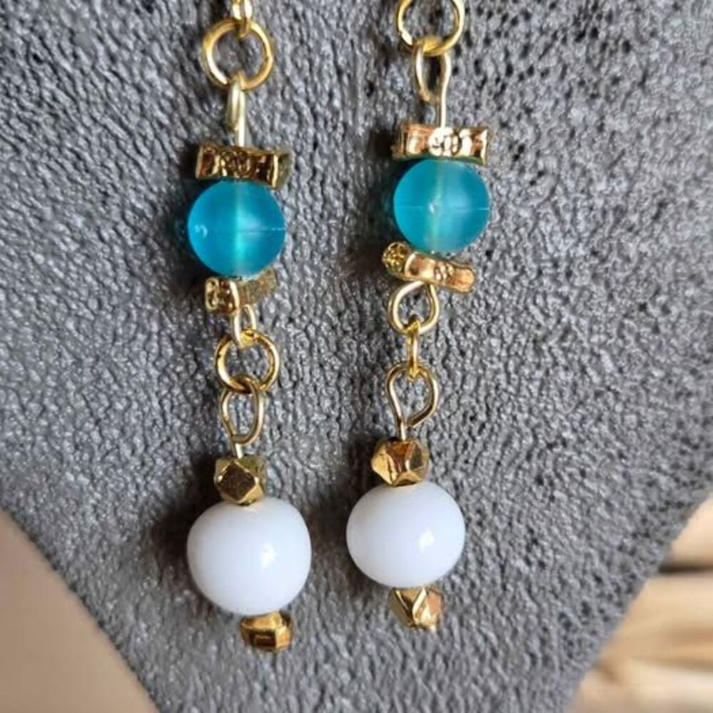 Handmade Aqua Acrylic & White Glass Beaded Dangle Earrings